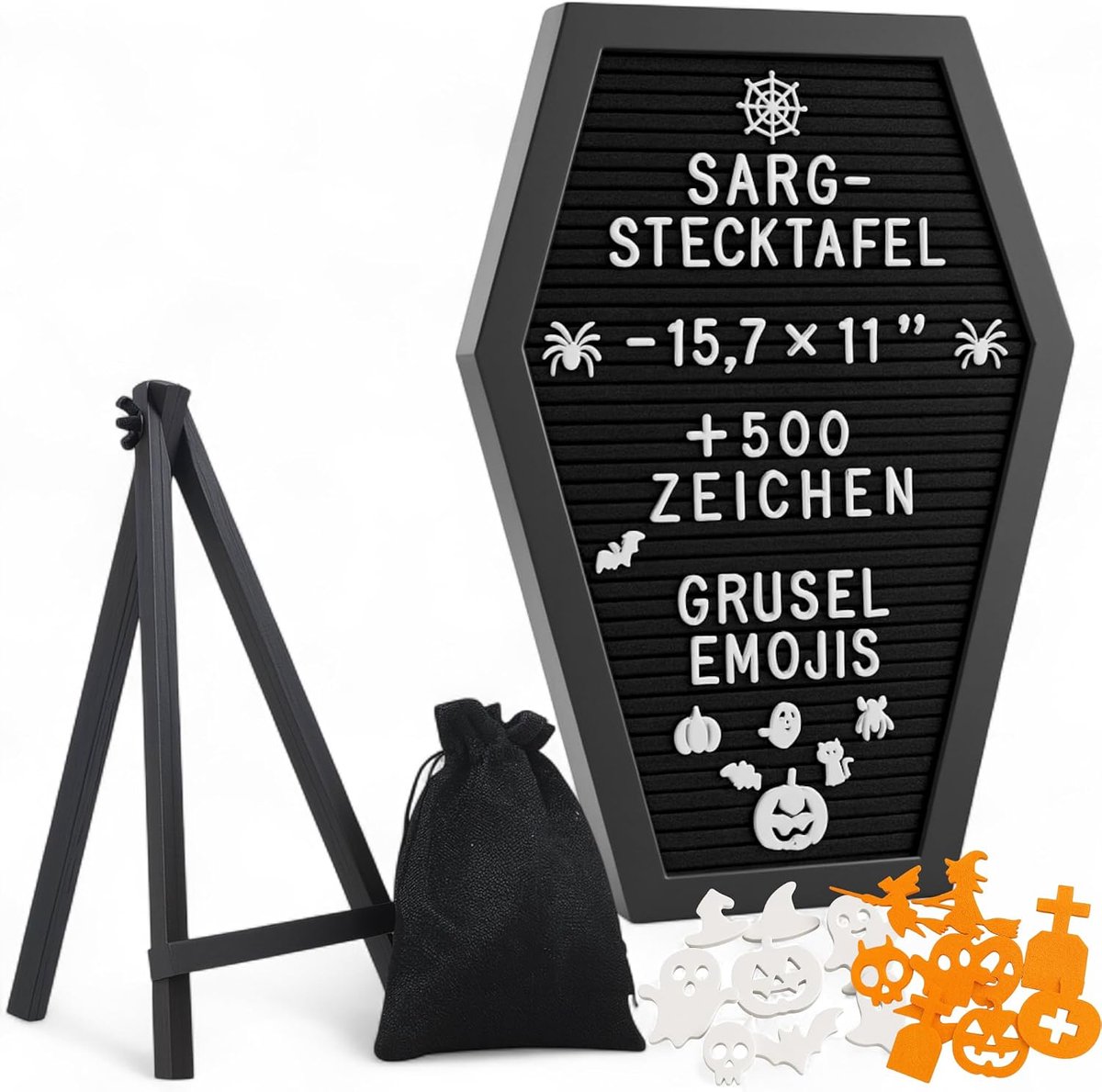 Dailygoods- Letterbord met meer dan 500 tekens - Houten standaard - Gotisch letterbord - Halloween-decoratie - Griezelige emoji's - 40 x 28,5 cm - Ste
