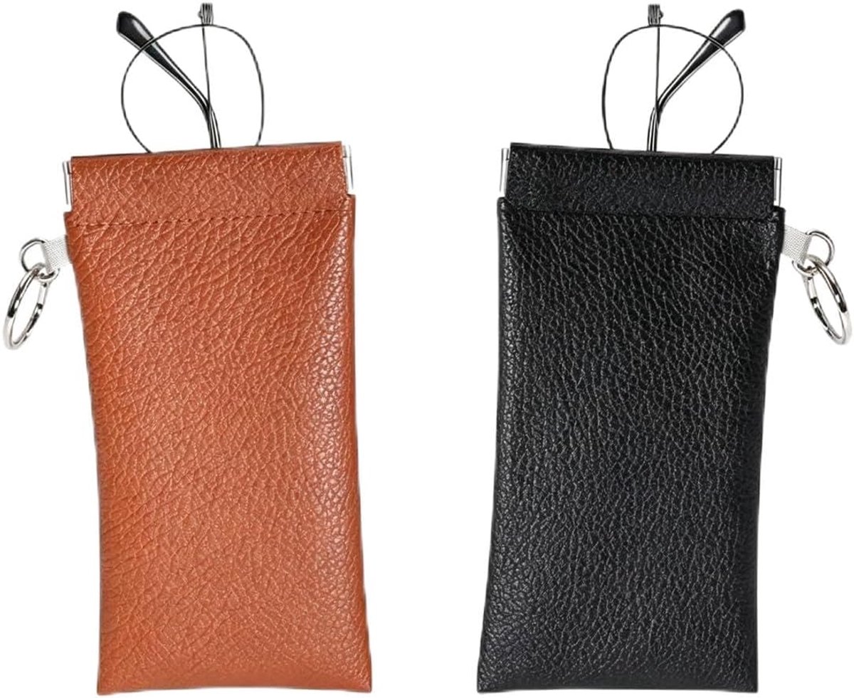 2 x brillenkoker, 2 x reinigingsdoekjes, krasbestendig leer, eenvoudige broche, voor bril, hoofdtelefoon, lippenstift en poeder