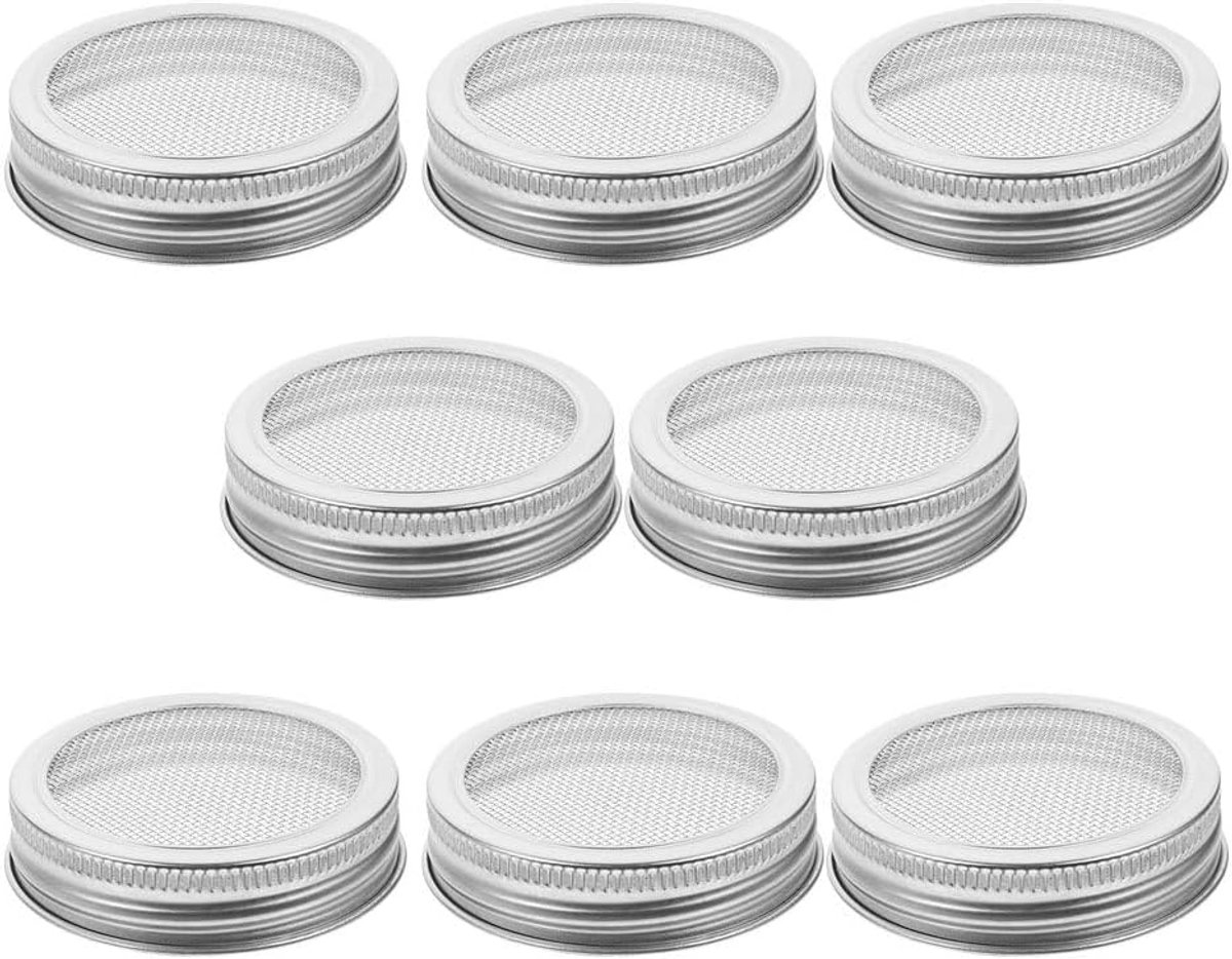 8 stuks Mason Jar Zeefdeksel: Roestvrijstalen kiemdeksels voor Mason Jars met een brede opening van 70 mm - Gaasdeksel voor het ontkiemen van taugé