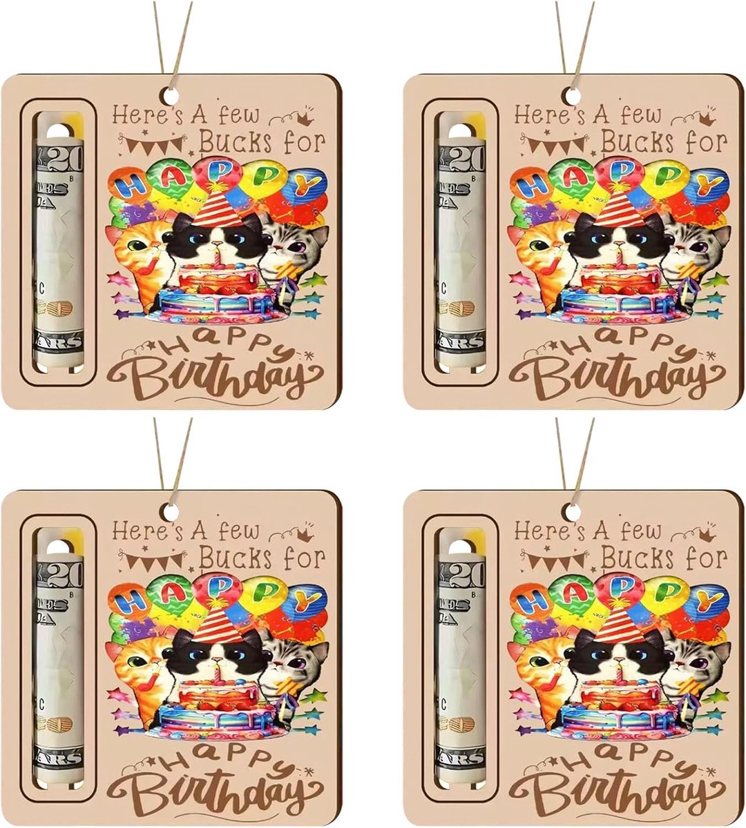 Dailygoods- Verjaardagskaart Houten - 4 Stuks - Creatief Cadeau - Geldcadeau - Veelkleurig - 10 x 10 cm - Kittens Motief - Geldkaart