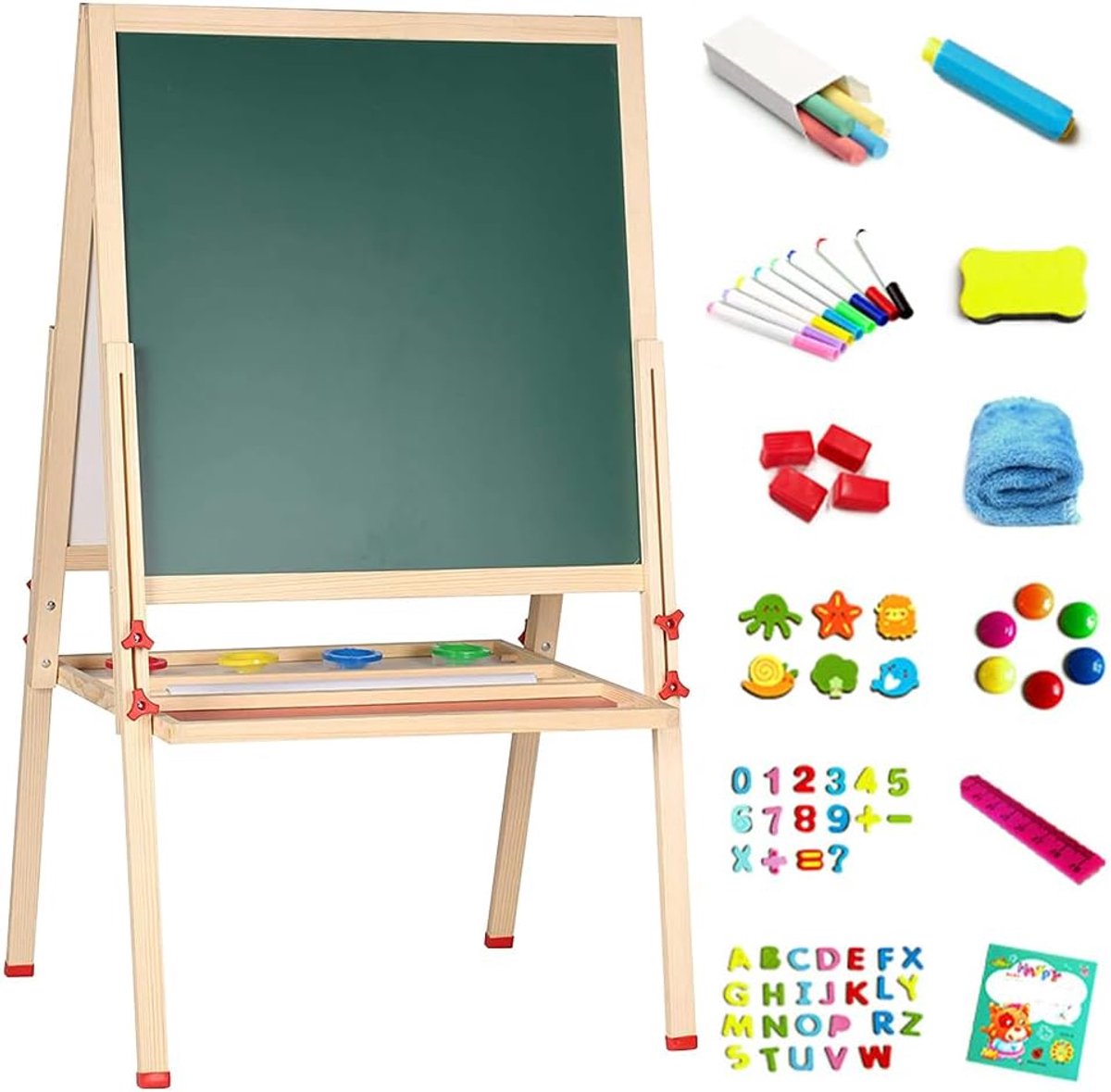 Krijtbord, ezel voor kinderen, van hout, in hoogte verstelbaar, bord en whiteboard met krijt, magneten, creatief educatief speelgoed, cadeau voor jongens en meisjes jaar, 57 x 55