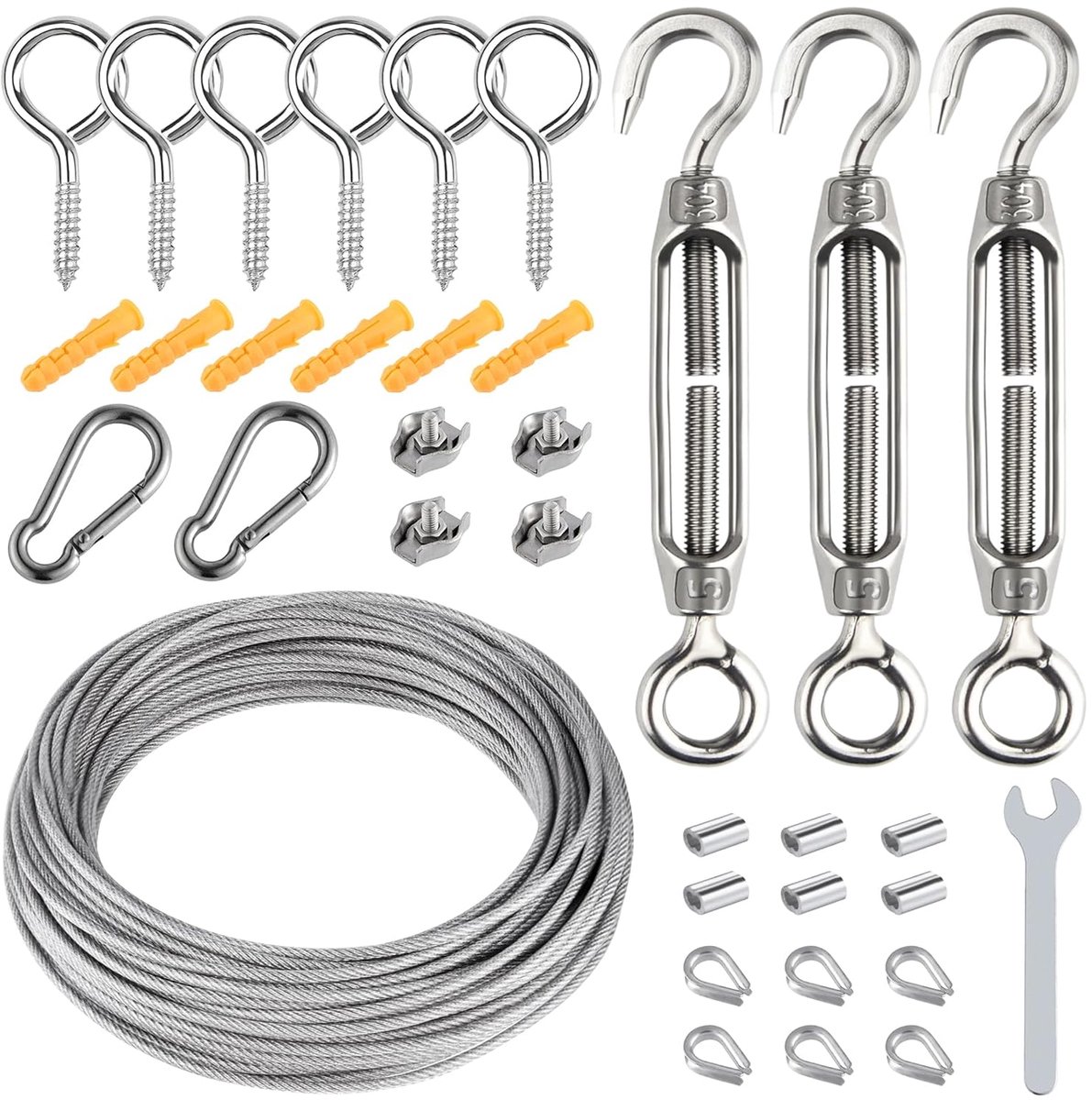 Dailygoods- Tuindraadset 15 m - Roestvrij Staal 304 - PVC-gecoat - Spansluitspanner - Kabelogen - Inclusief accessoires - Staalkabelset