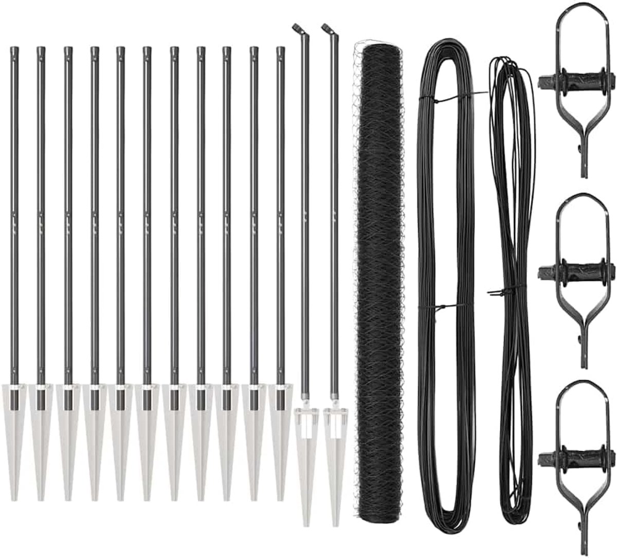 Palen set grijs 25 x 1,6 m, 50 mm gevlochten staal PVC, 4 stuks hekpalen voor buiten