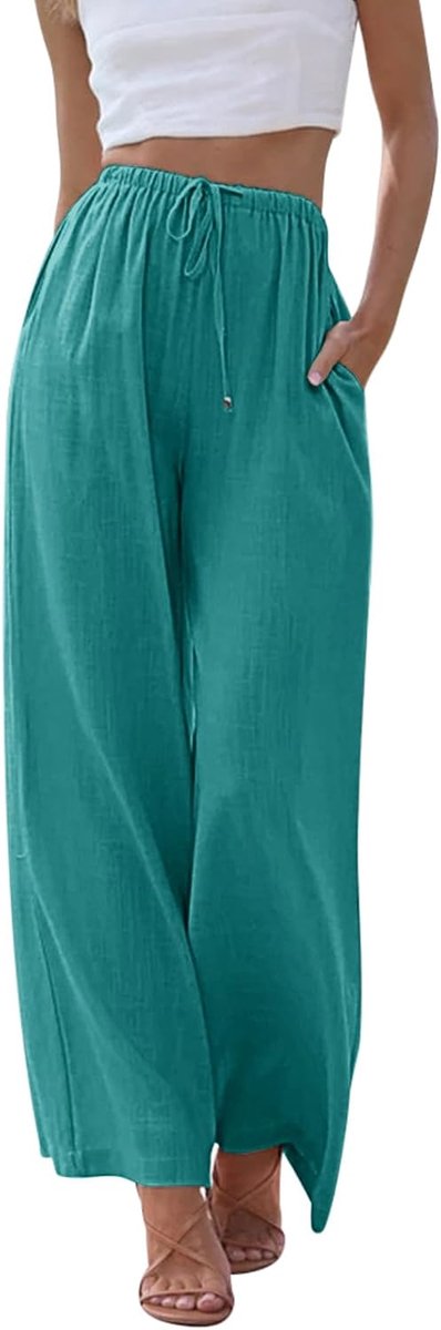 Linnen damesbroek, zomer, brede pijpen, strandbroek met elastische taillezakken, vloeiende palazzobroek, casual lichtgewicht loungebroek voor dames