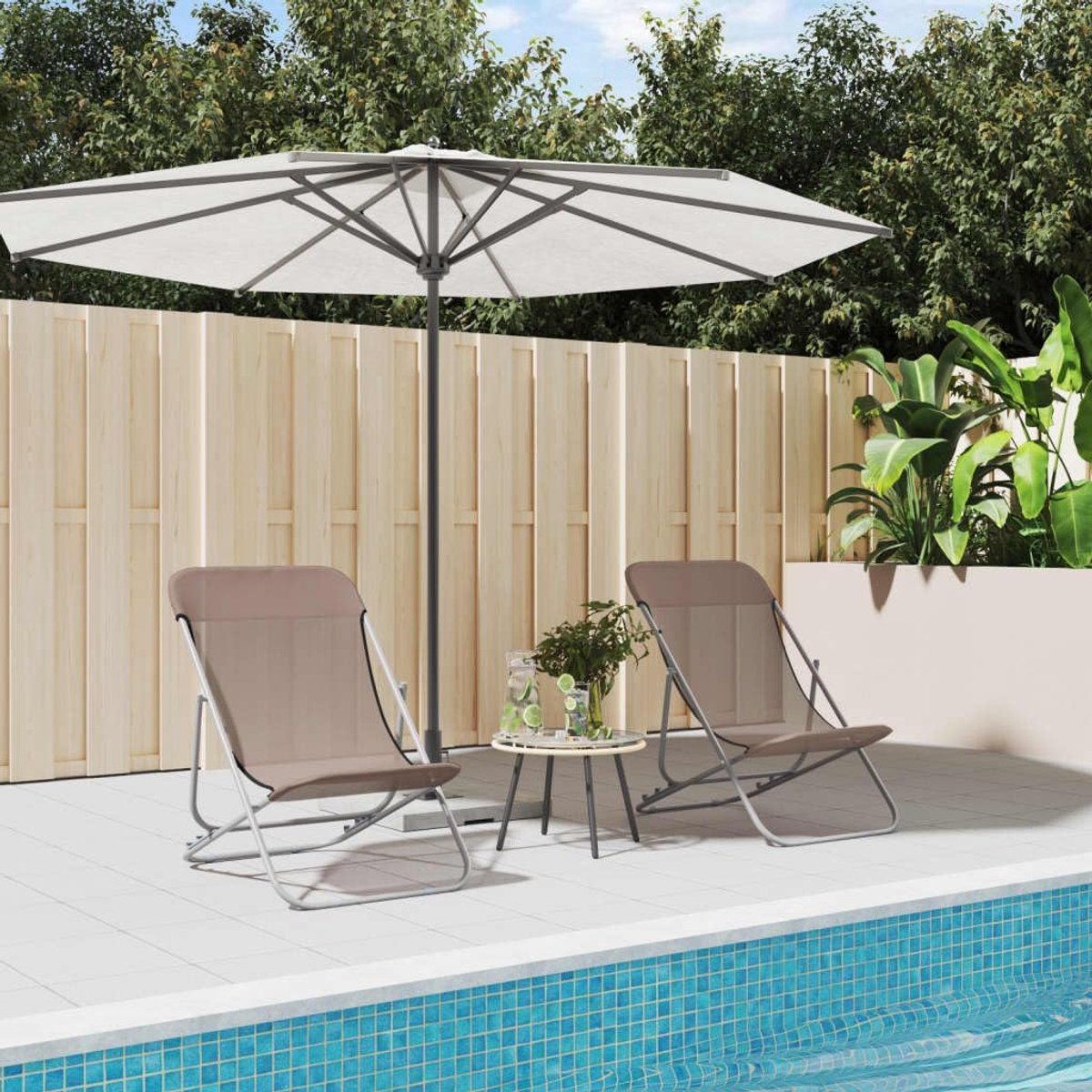 Strandstoelen, 2 stuks, bruin, van textiel en gepoedercoat staal, verstelbare outdoor loungestoel met robuust stalen frame voor tuin, terras, zwembad