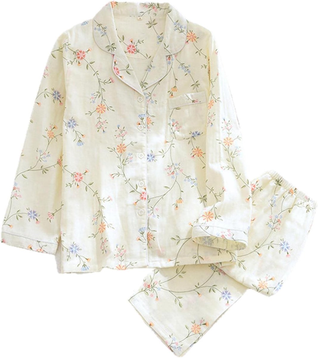 Ladies Pajama Set Gauze Cotton Cartoon 2 Pieces Lapel Shirt + Pants Comfortable Fresh And Natural Women'S Clothing