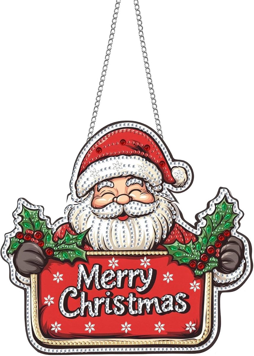 Dubbelzijdig acrylbord diamond painting hanger & raamafbeeldingen set met ketting - Kerstman DIY schilderij hanger diamant kunst wandbehang kits 20 x 20 cm - voor muur en entree decoratie