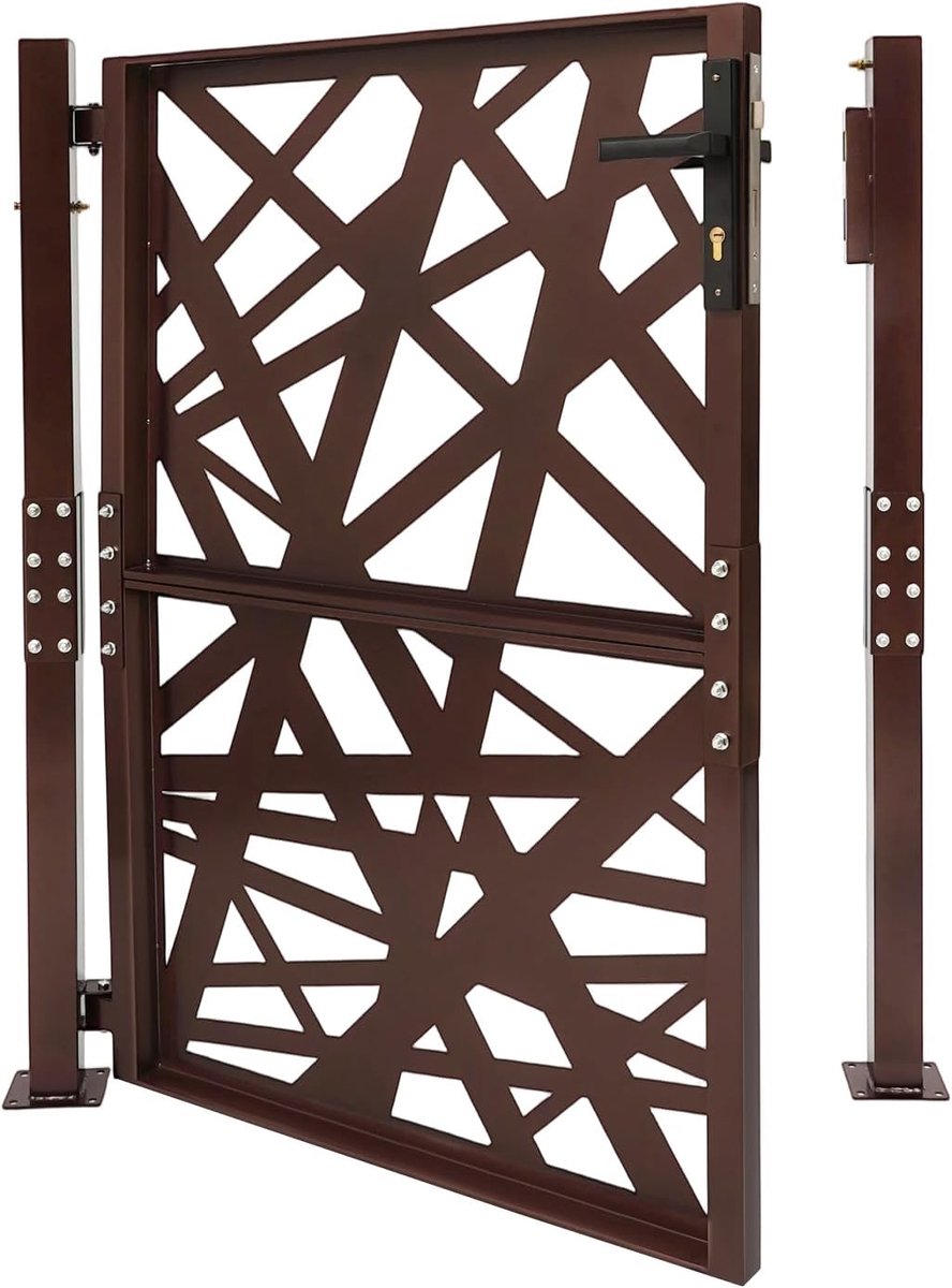 Tuindeur van metaal, hekpoort, outdoorpoort, veiligheidspoort, opritpoort met slot, palen en deurklink en sleutel, omheining voor tuin, binnenplaats en zijingang (bruin, 105 x 125 cm