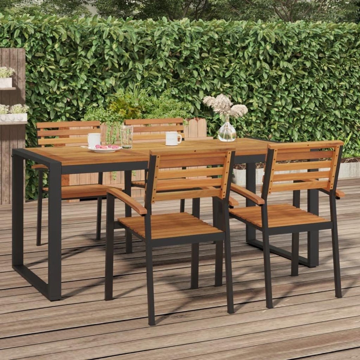 Tuintafel van massief acaciahout met U-vormig metalen frame, 180 x 90 x 75 cm, voor terras en tuin, robuuste outdoor eettafel met gepoedercoate stalen constructie