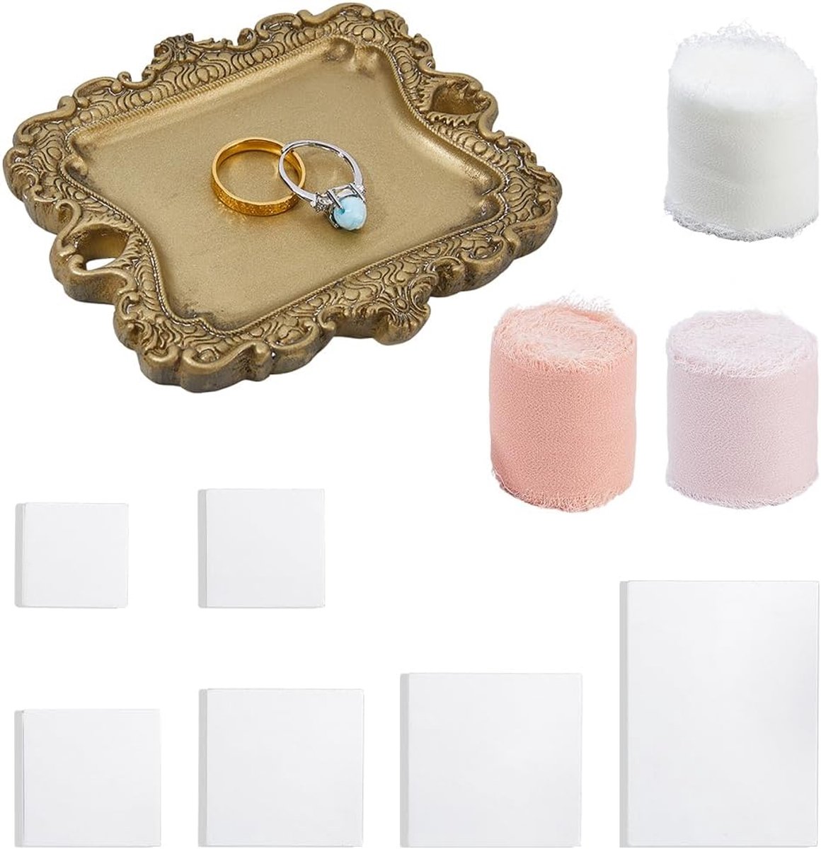 Dailygoods- Sieraden Display Vintage - Acryl Display Blokken - Platte Lay Props - Chiffon Zijden Lint - Set van 6 Stuks - 3 Rollen van 5 m - Sieradenf