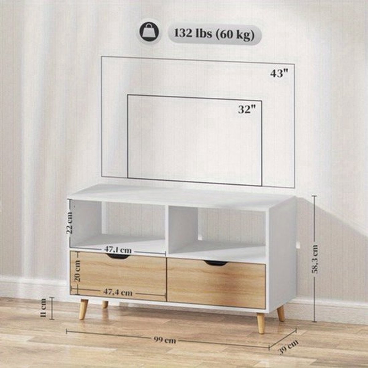 Tv-meubel – TV Kast – TV Meubel – TV Dressoir – TV Stand – Wit – Metaal – 99 cm Lang – 2 Open Planken