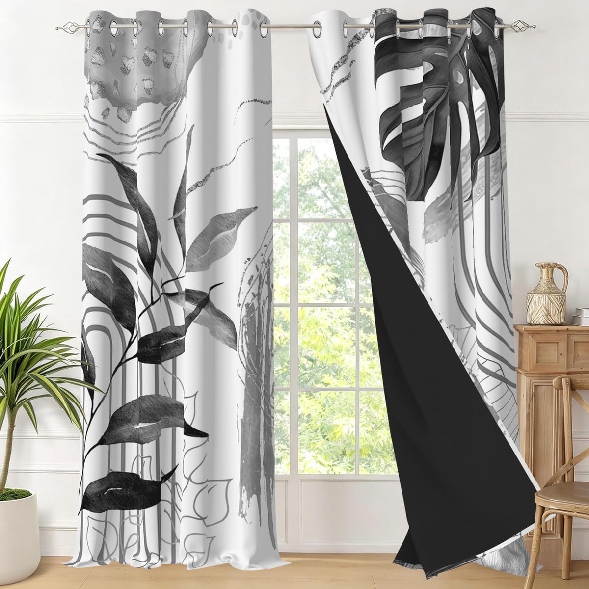 Grijs, ondoorzichtig, tropisch, bohemien, palmbladeren, thermisch gordijn, isolerend, tegen kou en hitte, ooggordijn voor slaapkamer, raam, 2 stuks, 140 x 200 cm