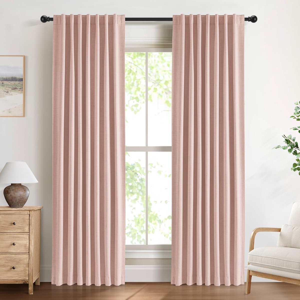 100% verduisteringsgordijnen met verborgen lussen, linnenlook, set van 2 ondoorzichtige gordijnen, met stangdoorvoer voor slaapkamer of woonkamer, 260 x 140 cm (h x b), blush pink