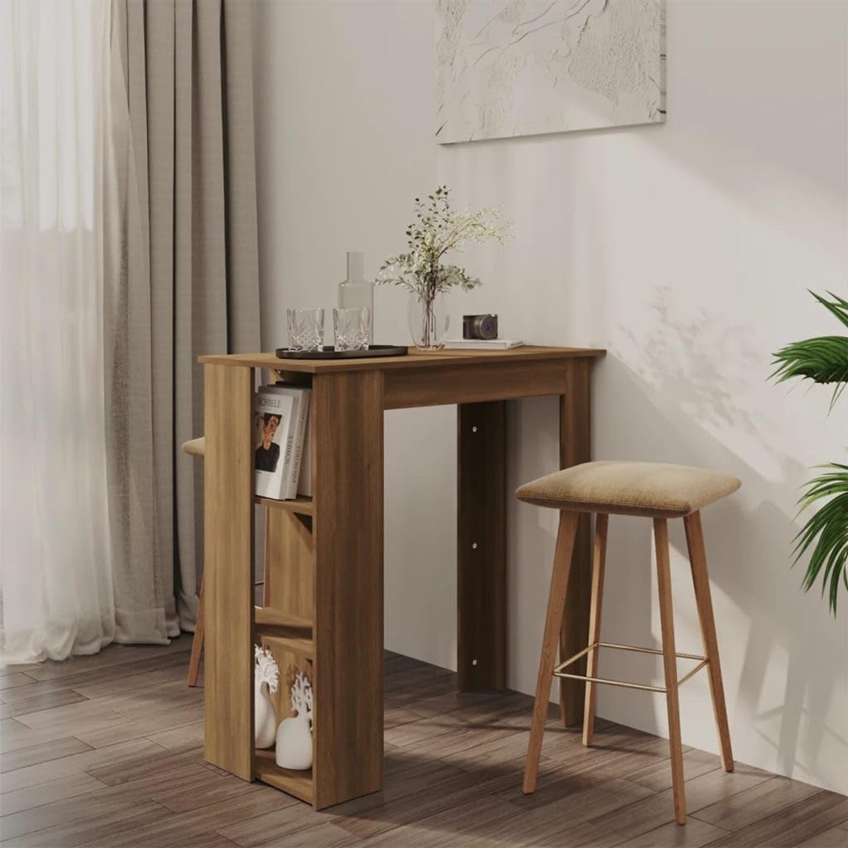 Bartafel met plank bruin eiken maaltijdtafel tafel voor woonkamer 102x50x103,5 cm hout