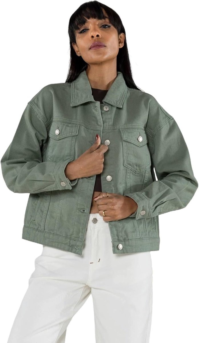 Carter Jeansjack voor dames, rechte denim jas met knoopsluiting, borstzakken en zijzakken, lichte overgangsjas in casual look