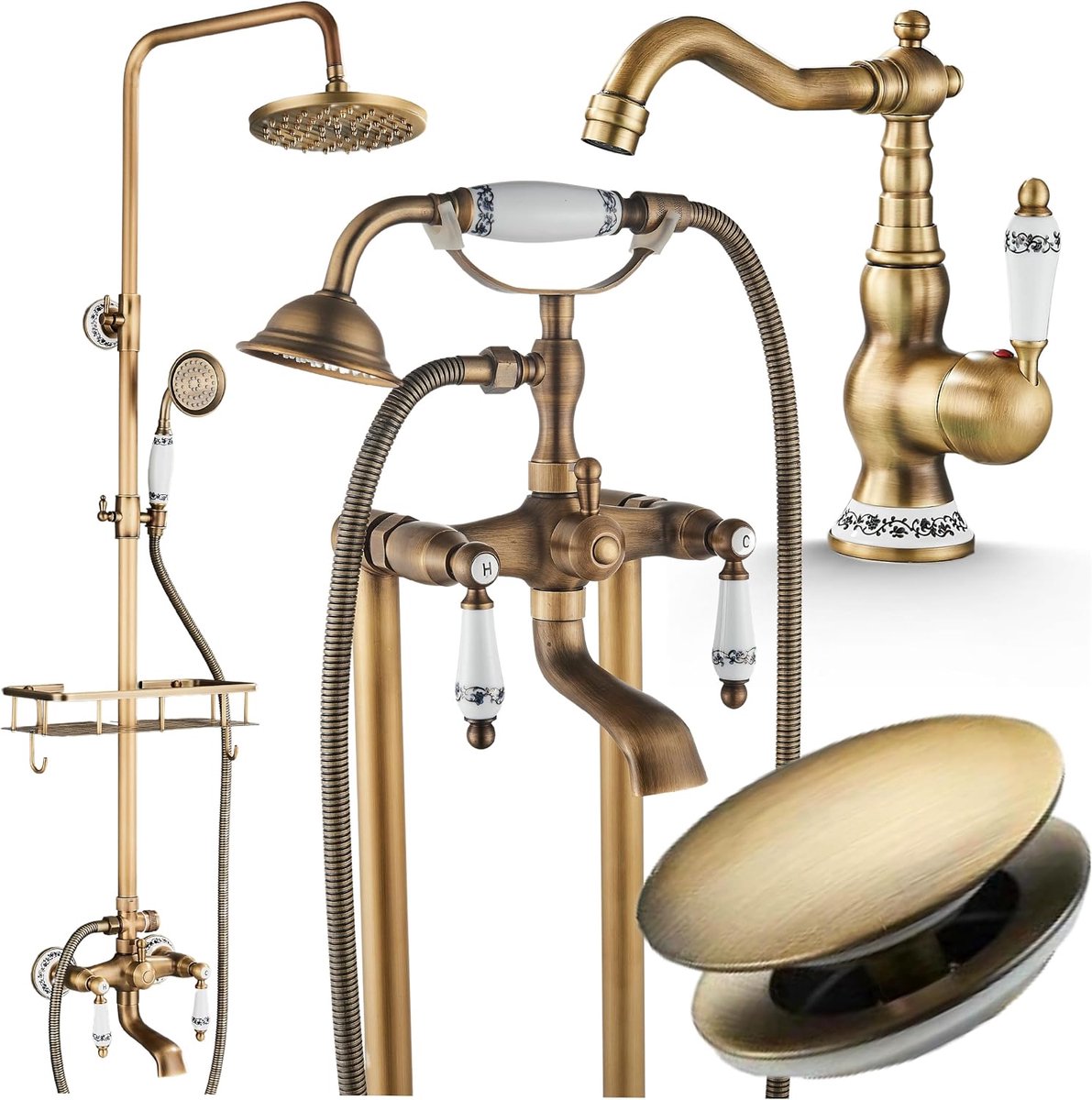 Badkamerarmaturen set retro messing met vrijstaande badkraan douchesysteem met regendouche wastafelkraan en click-clack afvoerventiel zonder overloop keramische klep 4-delig
