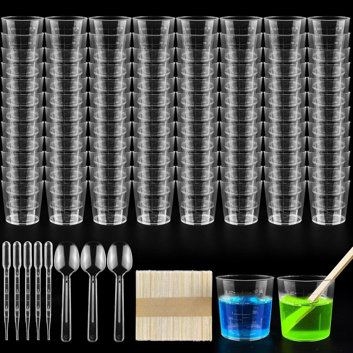Maatbekers 60 ml, Mengbekers, Heldere Maatbekers met Houten Stokjes, Rietjes voor Het Meten Van Veel Vloeistoffen, Bakken en Laboratorium