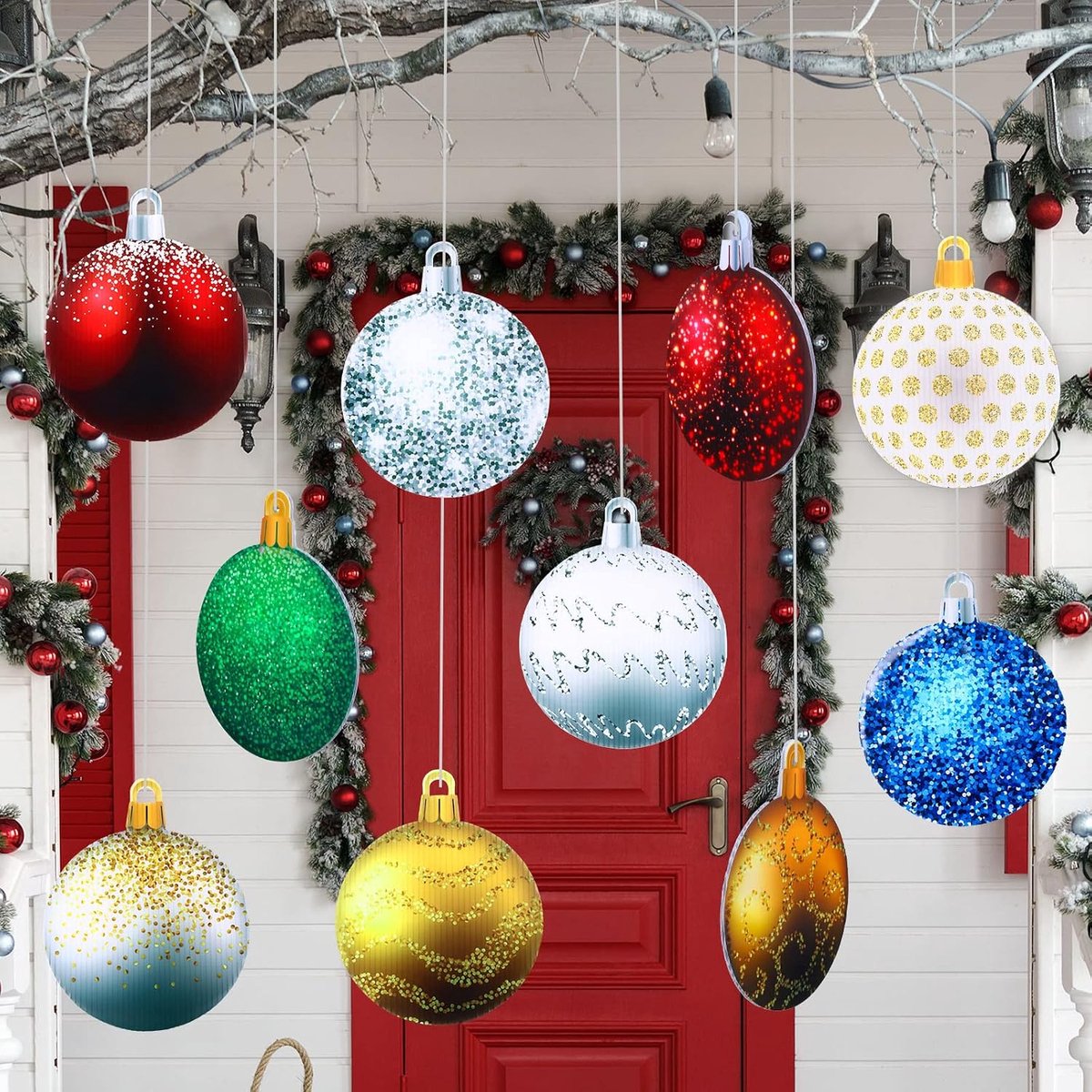 10 stuks dubbelzijdige gazondecoraties voor buiten, kleurrijke kerstversieringen, grote ronde tuindecoraties met 328 voet zilveren koord voor vakantie, veranda en boomdecoratie (Flashstijl)