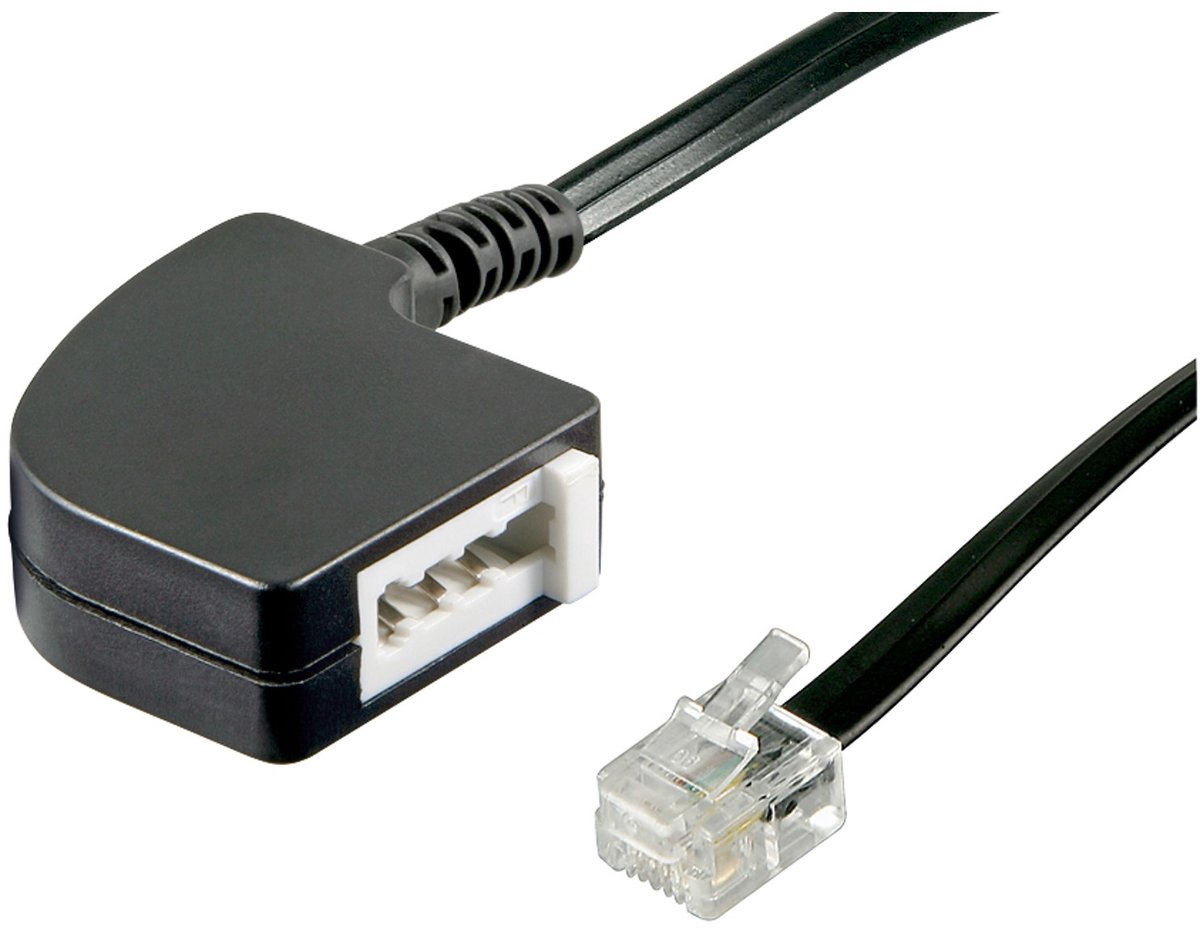 Goobay Telefoonadapter 20 cm zwart, TAE-F-bus naar RJ11/RJ14-stekker 6P4C, platte kabel, universeel toepasbaar