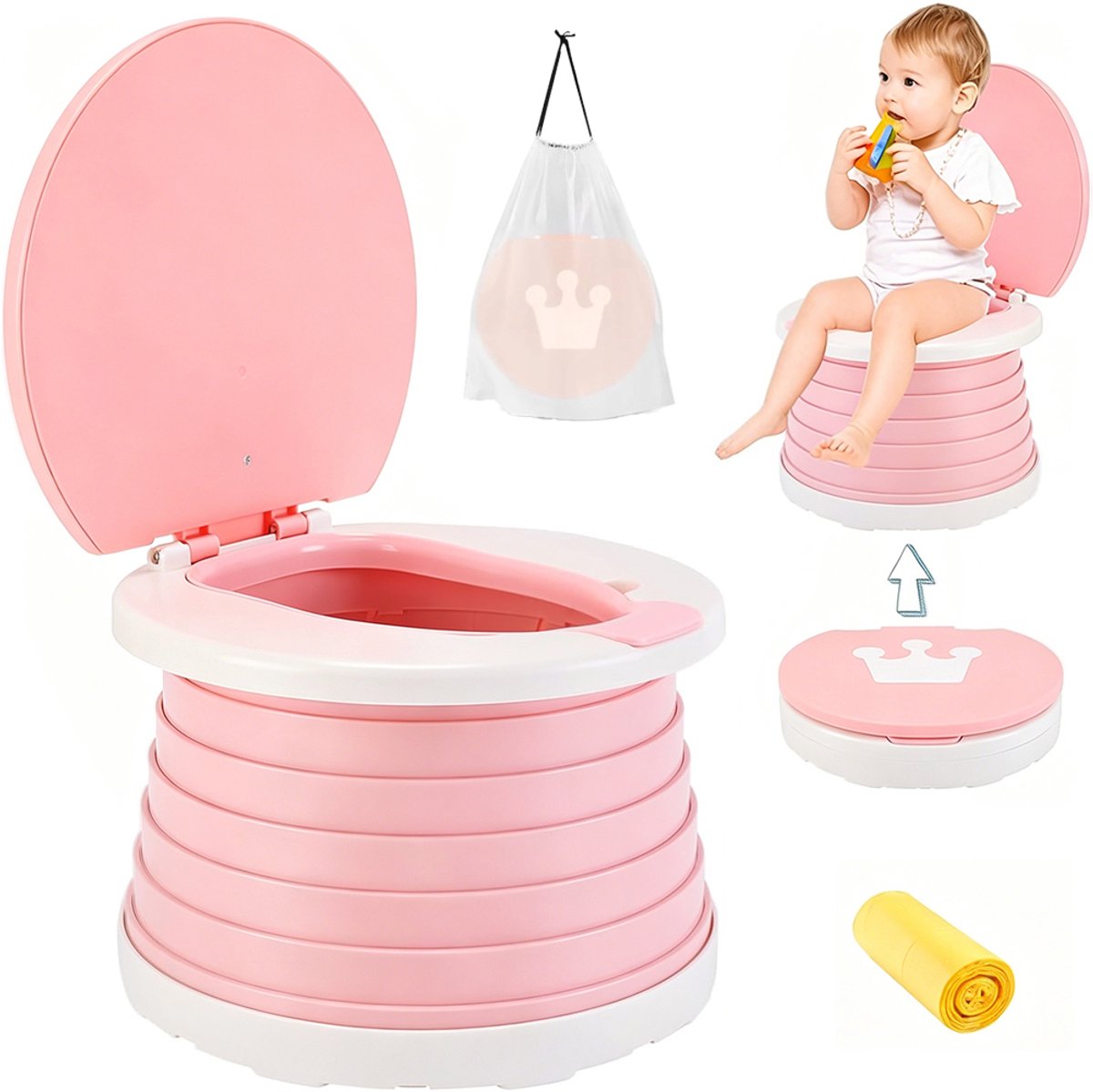 Opvouwbare toiletbril - Draagbaar toilet voor kinderen - Speciaal ontworpen voor peuters - Geschikt voor reizen, autoritten en buitenactiviteiten - COP-materiaal - Roze