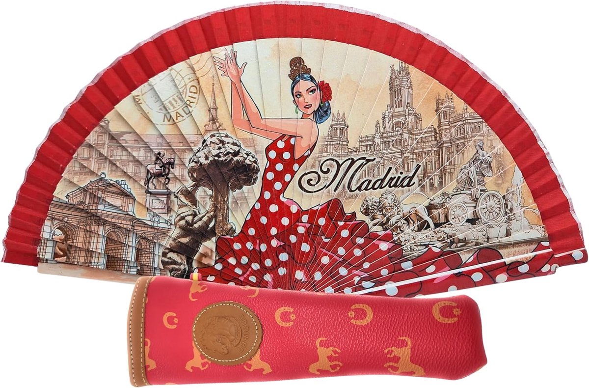 waaier met hoes, bedrukte stof van katoen op hout, tekeningen van de Spaanse cultuur (Flamenco, Torero, Stier, Dansers, enz.) (rood Madrid)