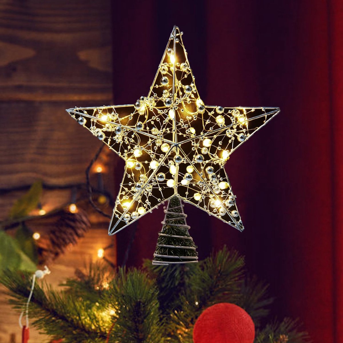 25 cm boomtopper, metalen ontwerp met glitter, 20 LED-lampjes, kerstboomster topper voor feestelijke kerstboomdecoraties (zilver)