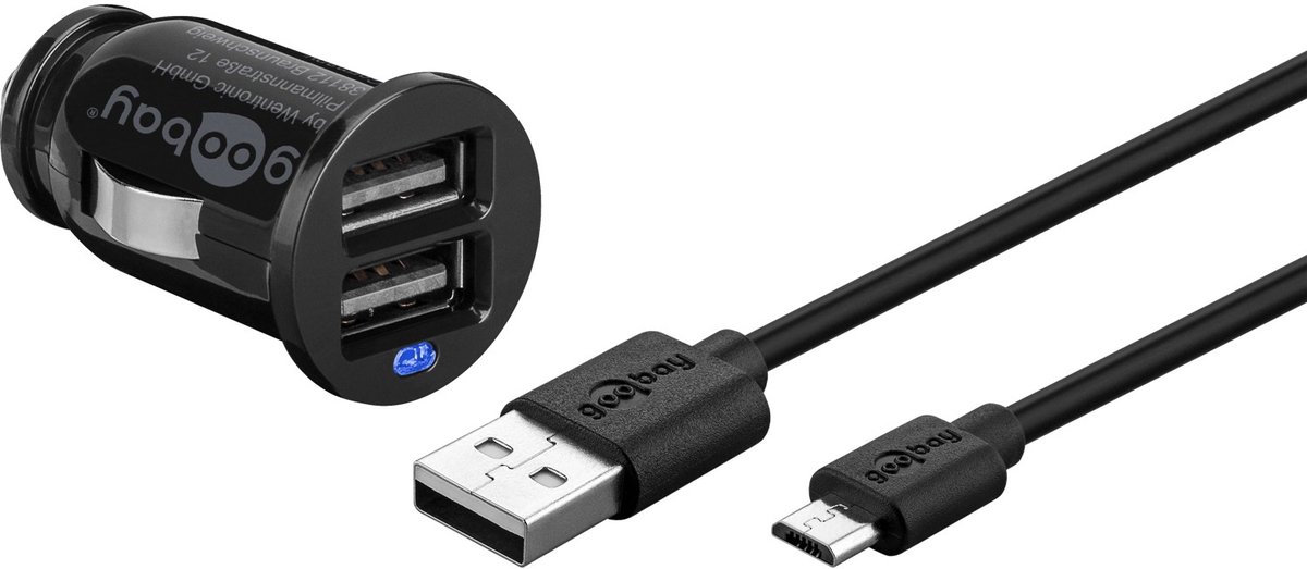 Image of Goobay autolader 12 W zwart met Micro-USB-oplaadkabel van 1 m, laadt 2 apparaten via de sigarettenaansteker, maximaal 2,4 A