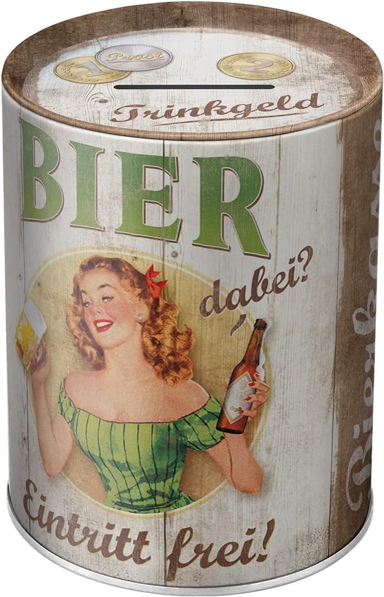 Retro Spaarpot, 1 l, Open Bar – Trinkgeld-Bierkasse – Geschenkidee voor bierliefhebbers, Spaarvarken in metaal, Vintage Spaarblik