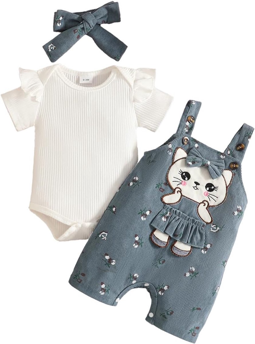Tuinbroek voor baby's, meisjes, bedrukt bovendeel met ruches mouwen + broek met verstelbare bandjes + hoofdband voor lente en herfst