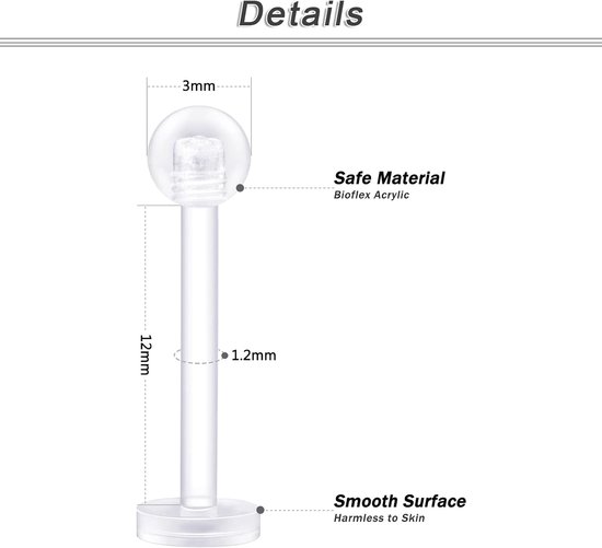 Studs Labret Bars Retainers 6/8/10/12mm Transparante Flexibele Helix Tragus Bars Piercing, Kunststof — afbeelding 2