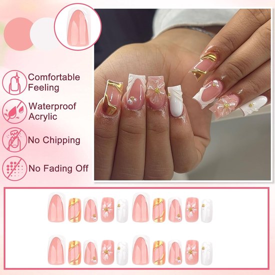 24 stuks handgemaakte nagels om op te plakken, vierkante French press on nails, wit roze, kunstnagels met 3D-bloemenparels, acryl, volledige dekking, vingernagels om op te plakken, voor vrouwen — afbeelding 2