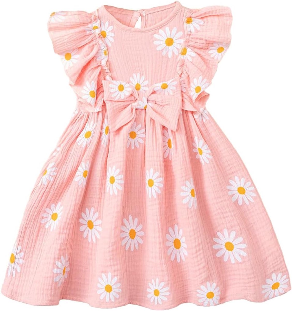 Zomerjurk voor kleine meisjes met ruches, ronde hals, knoopsluiting, casual, herfst, A-lijn, party, kinderjurk, 2-6 jaar
