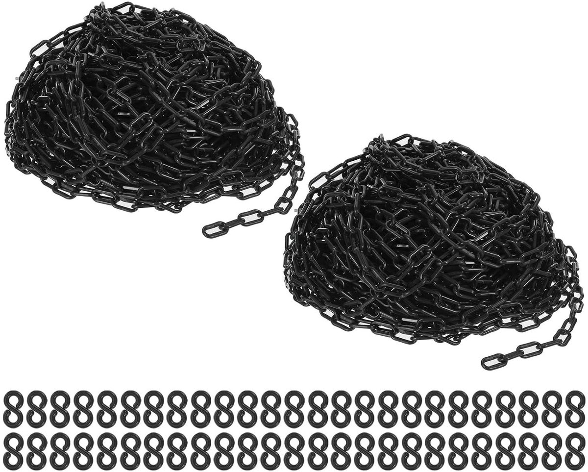 Plastic kettingen 400 voet, veiligheidskettingen zwart, 6 mm hoog, inclusief 50 zwarte plastic haken voor barrières en omheining