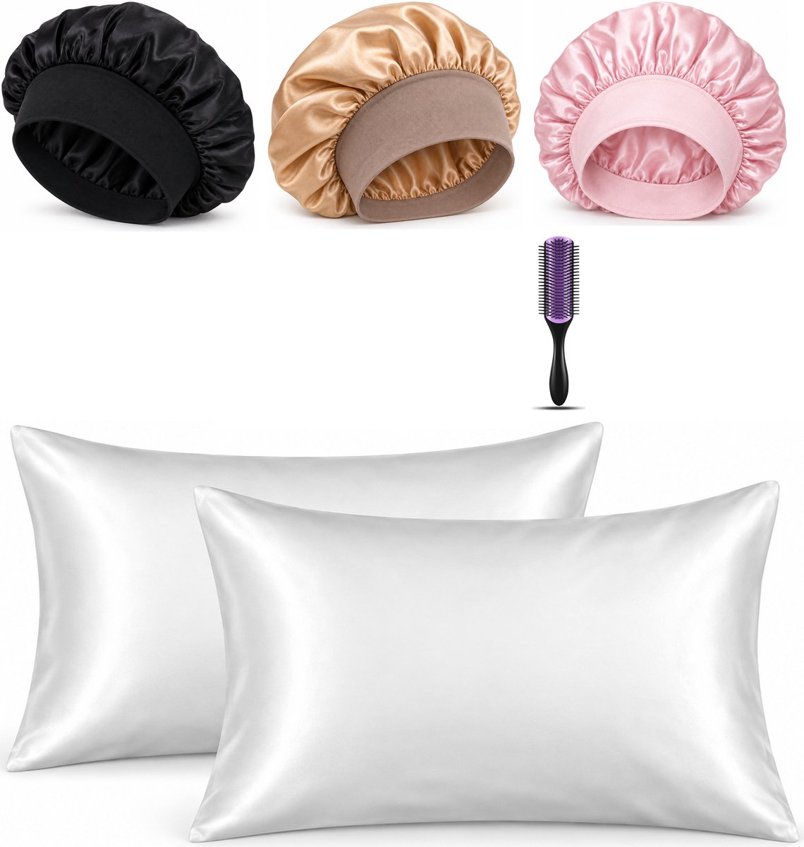 Professor Q Haar- en Slaapset - 2 Kussenslopen Wit 60 x 70 cm - Bonnet Roze - Bonnet Zwart - Bonnet Goud - Purple Black Borstel
