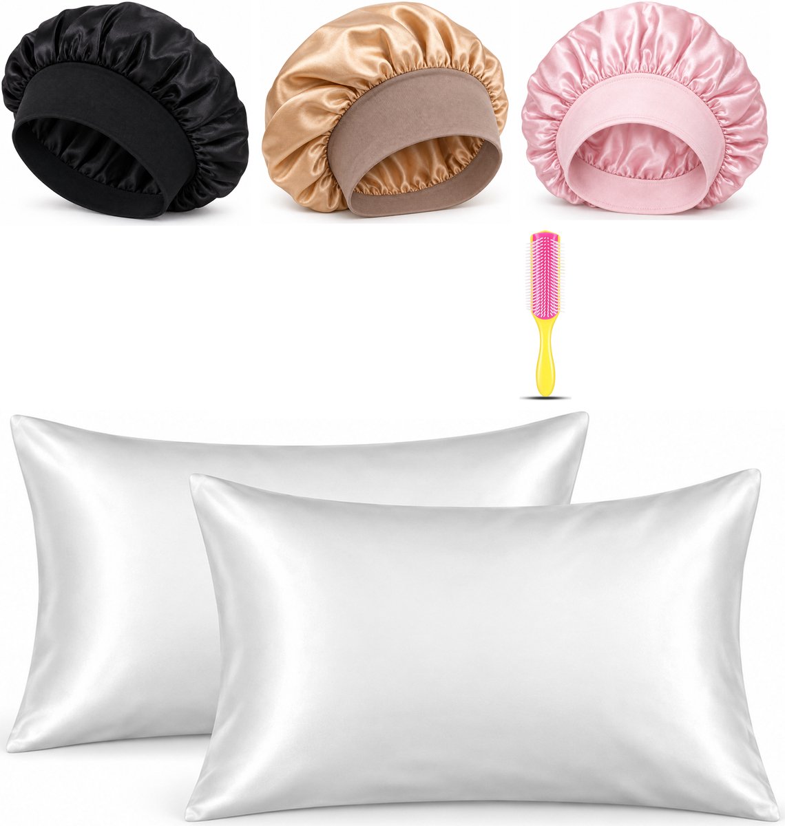 Professor Q Haar- en Slaapset - 2 Kussenslopen Wit 60 x 70 cm - Bonnet Roze - Bonnet Zwart - Bonnet Goud - Fusion Pink Borstel