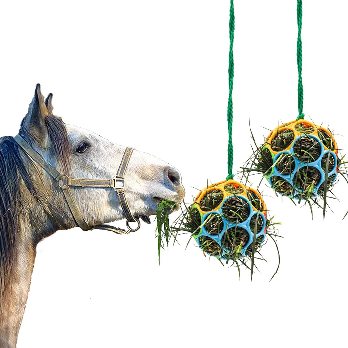 2 Pack Paardentraktatie bal hooi feeder speelgoed, geit feeder bal opknoping voedingspeelgoed voor paard geit schapen verlichten stress (kleurrijk)