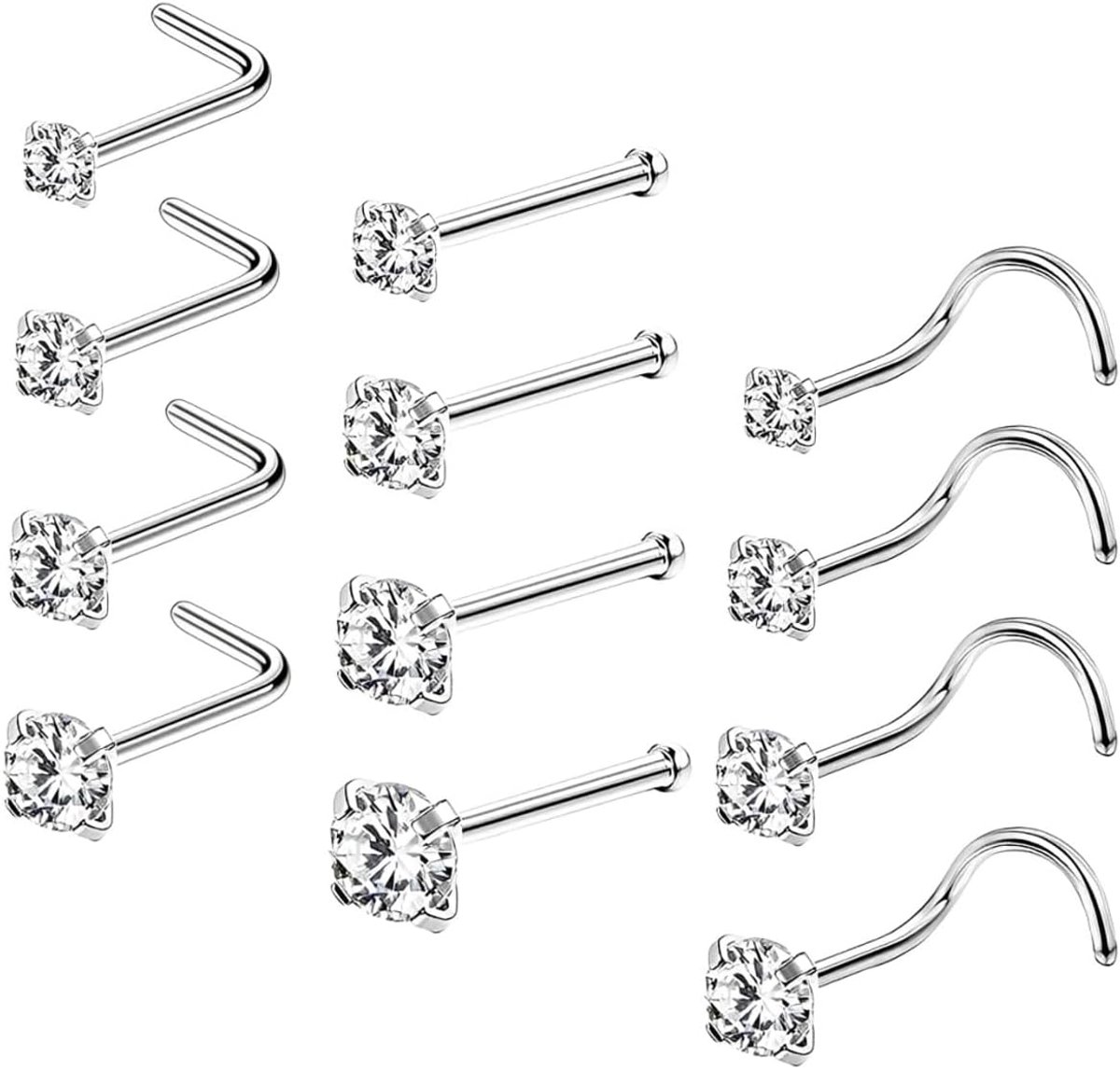 Neuspiercingset 12 stuks L-vormige neusstekers met zirkonia 3 ontwerpen 4 stuks per ontwerp Hypoallergeen