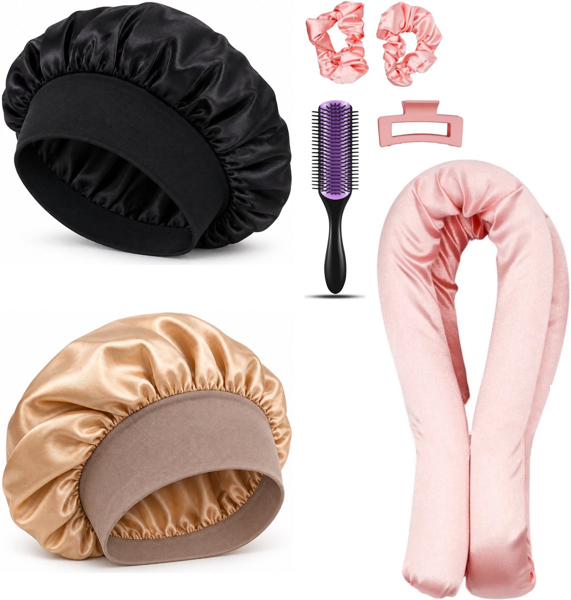 Professor Q Heatless Curls Set - Heatless Curlset met 2 Elastiekjes en Klem - Bonnet Zwart - Bonnet Goud - Purple Black Borstel