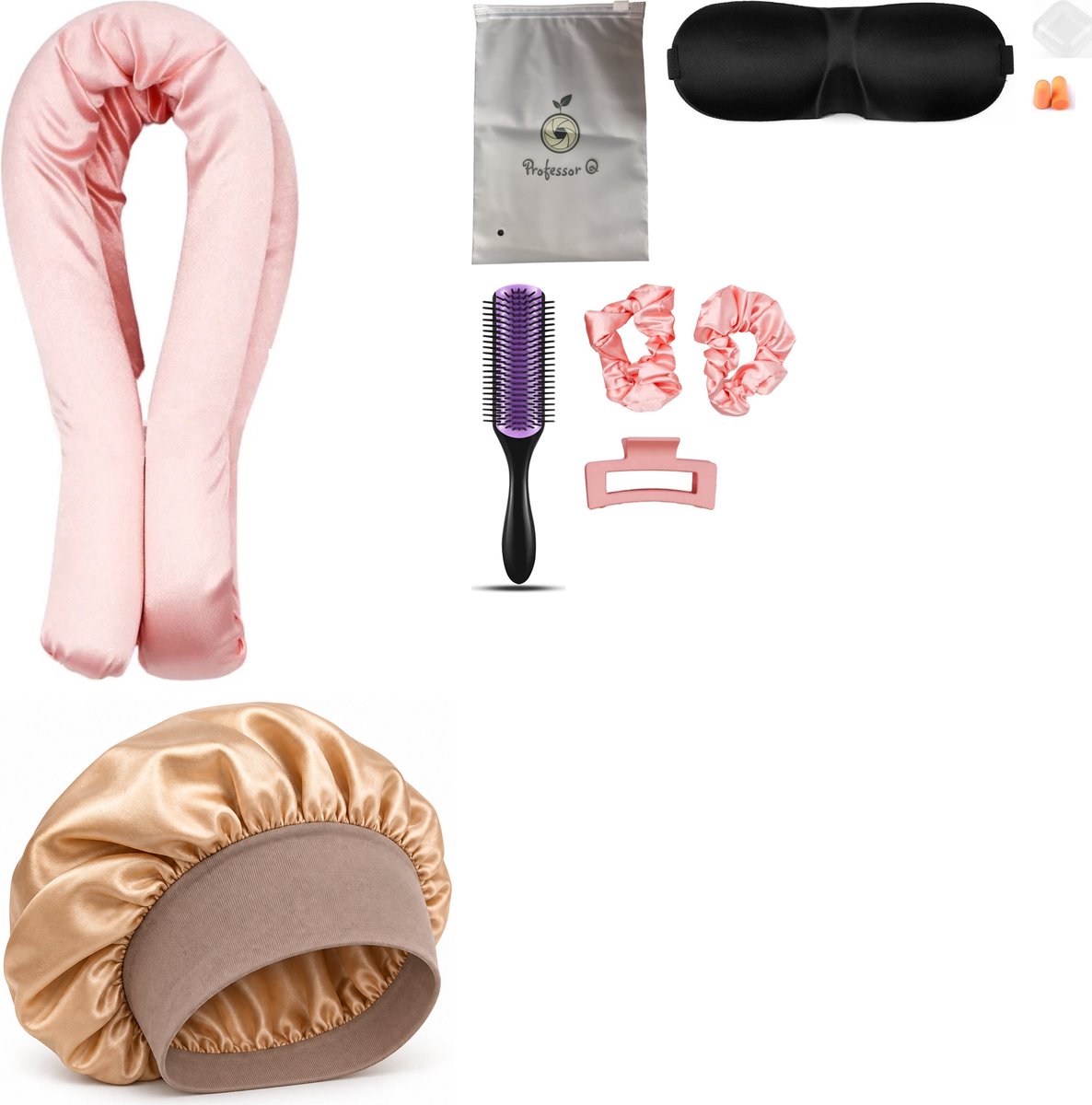 Professor Q Heatless Curls Set - Heatless Curlset met 2 Elastiekjes en Klem - Bonnet Goud - Purple Black Borstel - Slaapmasker Zwart