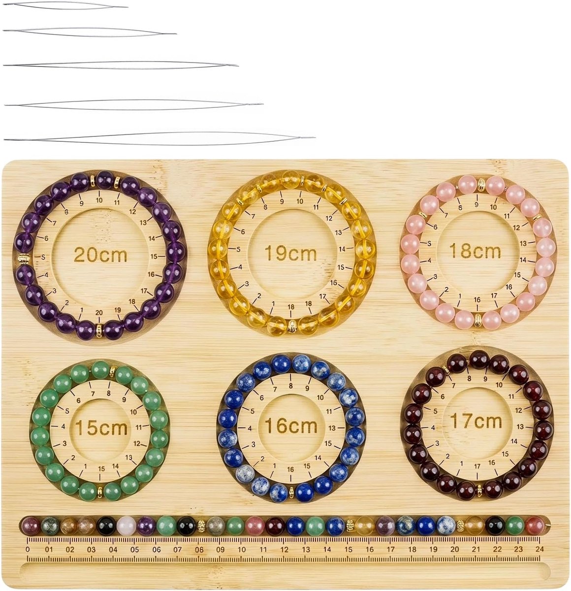 Kralenplank voor armbanden, 26,5 x 20 cm, voor het maken van sieraden, kralen, dienblad van hout, kralenbord met 5,8/7,6/10,2/11,5/12,8 cm kralennaalden voor armbanden