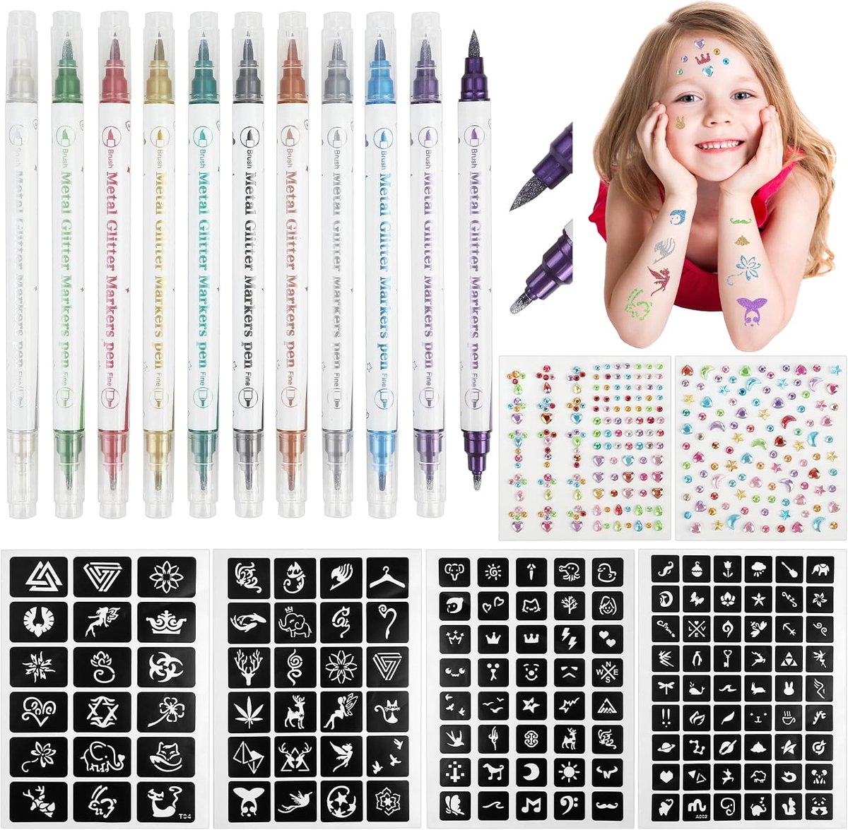 Tatoeagestiften voor kinderen, 10 stuks dubbele punten met 136 sjablonen en 2 strass-steentjes, huidvriendelijk voor kinderen en volwassenen, cadeau voor meisjes en jongens, feest, carnaval