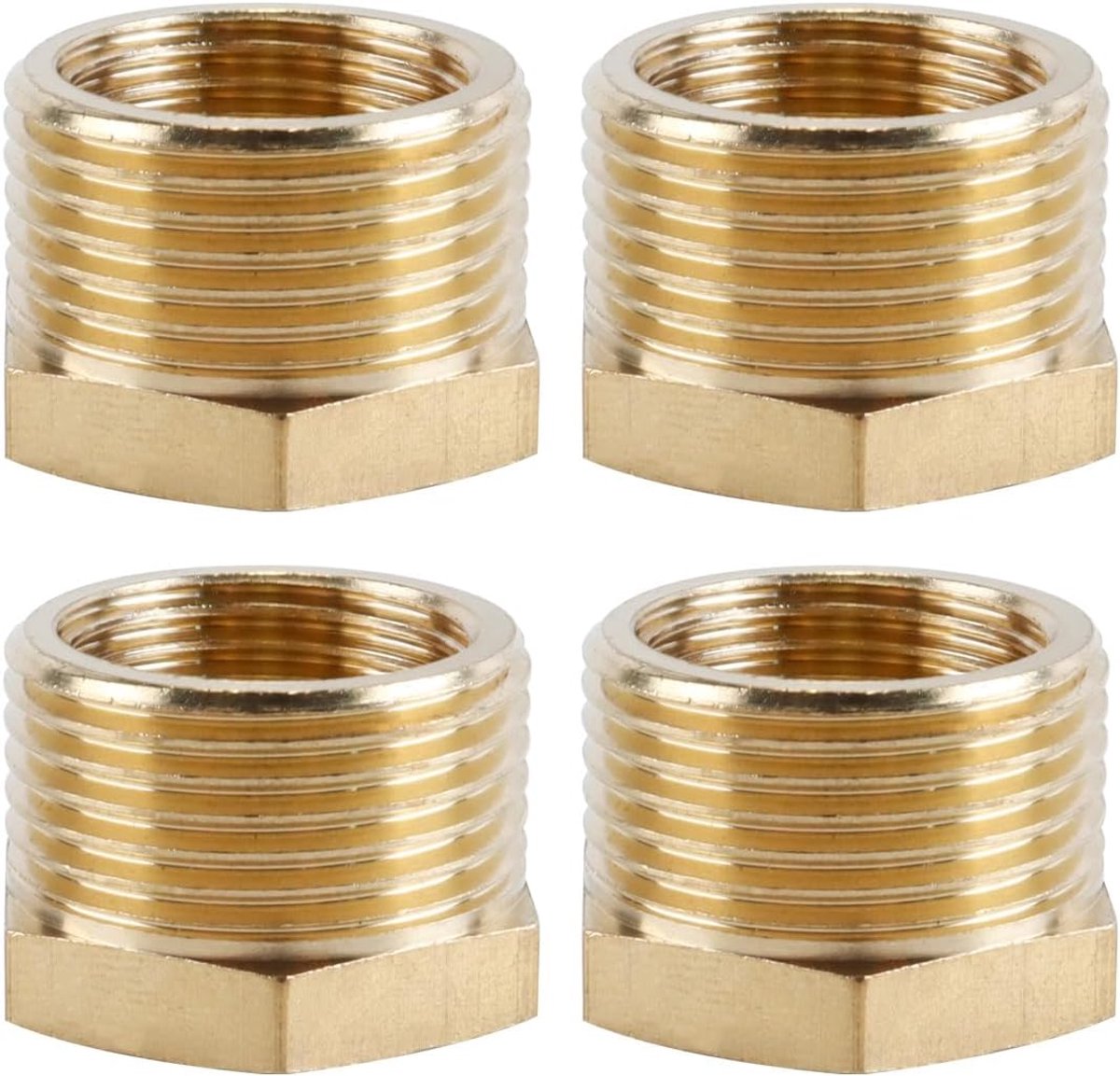 Buisverloopstuk van messing, G3/4 inch buitendraad (diameter 25 mm) naar G1/2 inch binnendraad (diameter 20 mm), verpakking van 4, schroefdraad