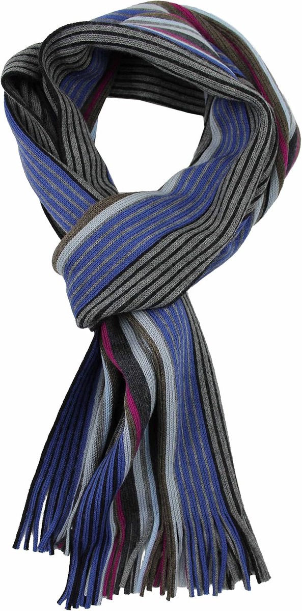 Gebreide sjaal heren sjaal dames unisex pure wol gestreept fijn gebreid met franjes meerkleurig, blauw, grijs, (L X B) 200 x 22 cm
