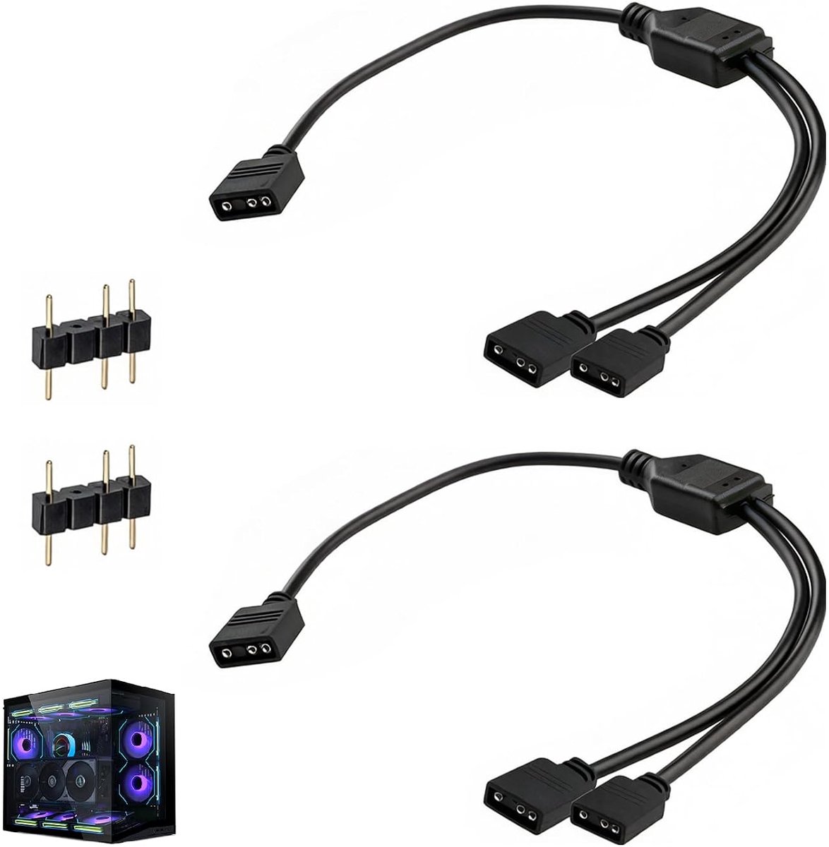 Lot van 2 ARGB-ventilatorspreiders 1 naar 2, ARGB LED-splitter 5V 3-polig, ARGB-extensiekabel, adresseerbare RGB-verlichtingssynchronisatie voor PC-ventilatoren LED-strips Behuizing (30 cm)