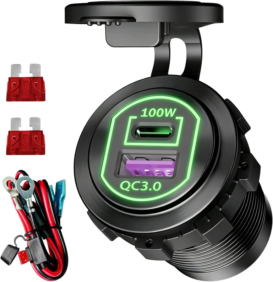 12 V USB-C-stopcontact, 100 W PD & 18 W QC3.0 voor laptop, 12 V USB-stopcontact, snellader, inbouwdoos, autolader, aluminiumlegering, autostekker voor camper, auto, motorfiets, boot, vrachtwagen