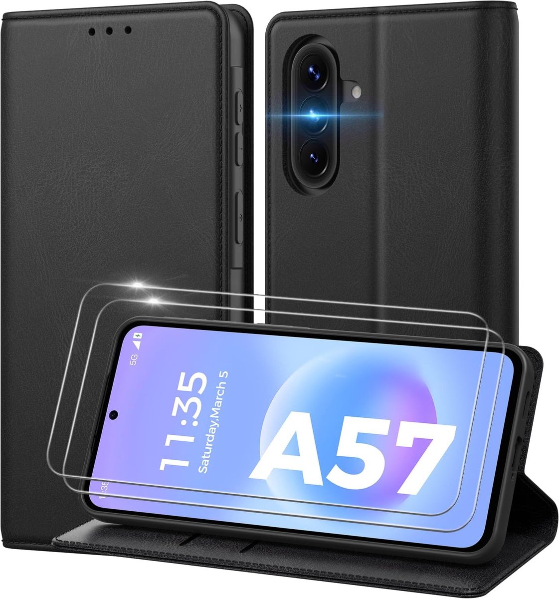 Hoes voor mobiele telefoon voor Samsung Galaxy A57 5G, met 2 pantserglas, PU-leren hoes met kaartenvak, RFID-blokkering, standfunctie, zwart