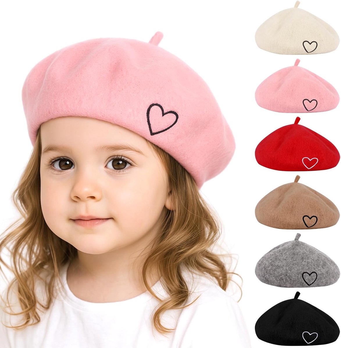 Wollen Baret Hoed voor Vrouwen Baby Franse Stijl Beanie Hoed Zacht Geborduurd Hart Warm Cap Moeder Dochter Bijpassende Hoeden