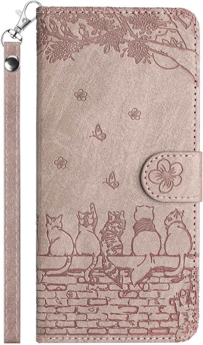 Hoes voor iPhone 17e, klaphoes, iPhone 16e, telefoonhoes met katten, lederen klaphoes, stootvaste magnetische standaard beschermhoes, roze paars