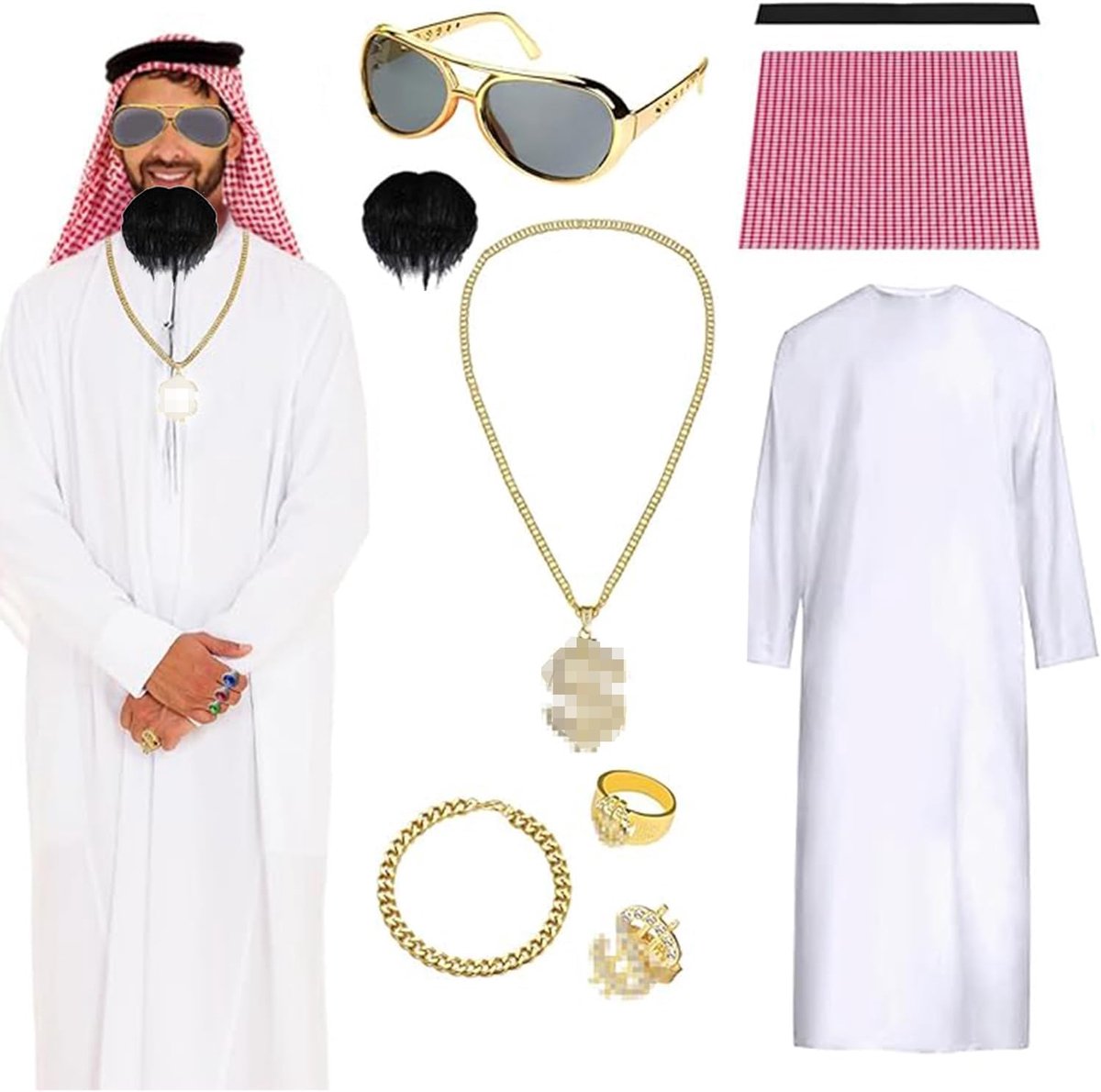 Sjeikkostuum, sjeik, Arabisch, Arabisch, witte gewaadset, Arabische kleding voor heren, met hoofddoek, ring, halsketting, zonnebril, kostuum voor carnaval