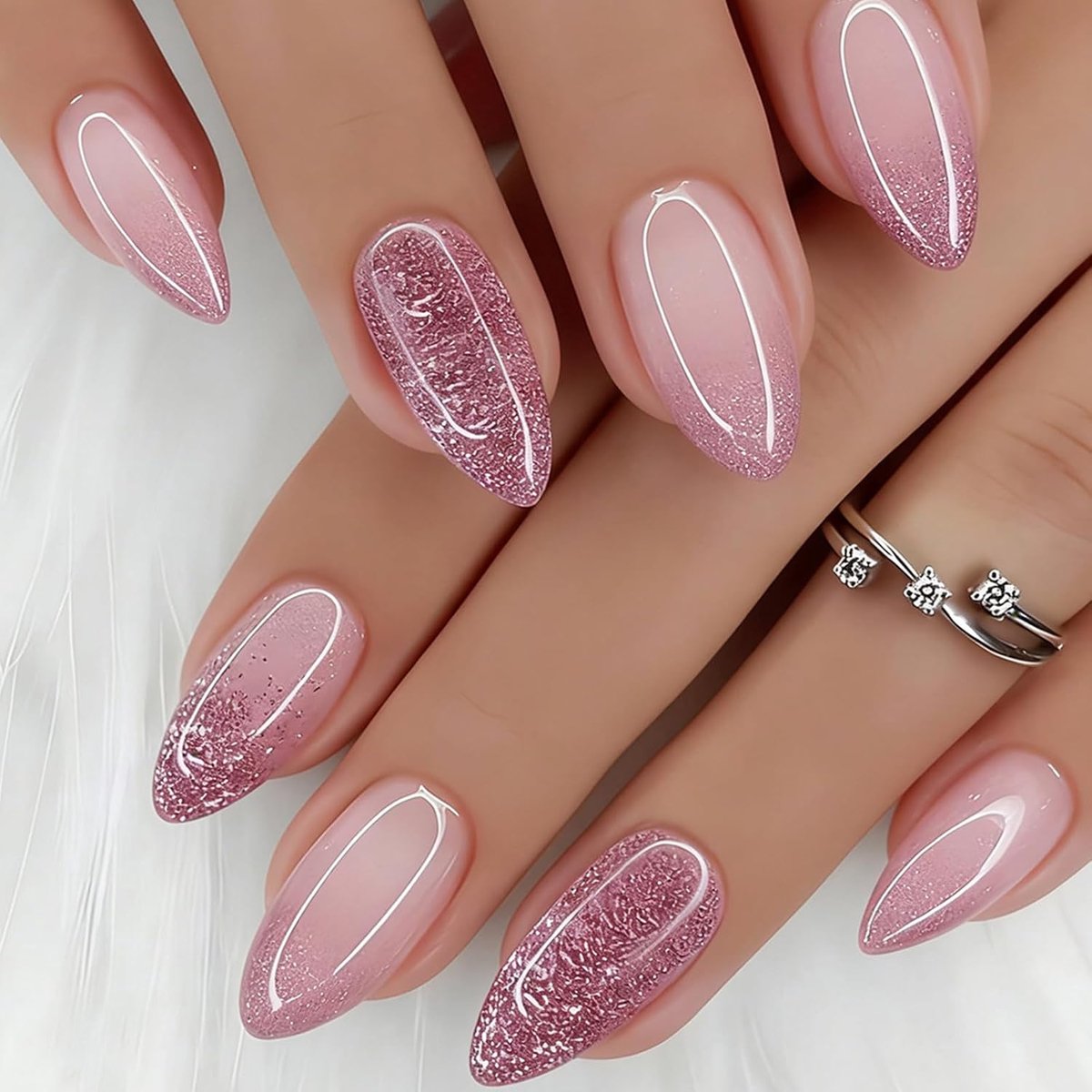 24 stuks kunstnagels om op te plakken, medium, roze kleurverloop, Franse pailletten, glanzend, acrylnagels, kunstnagels, volledige afdekking, nagelcapsules voor vrouwen en meisjes